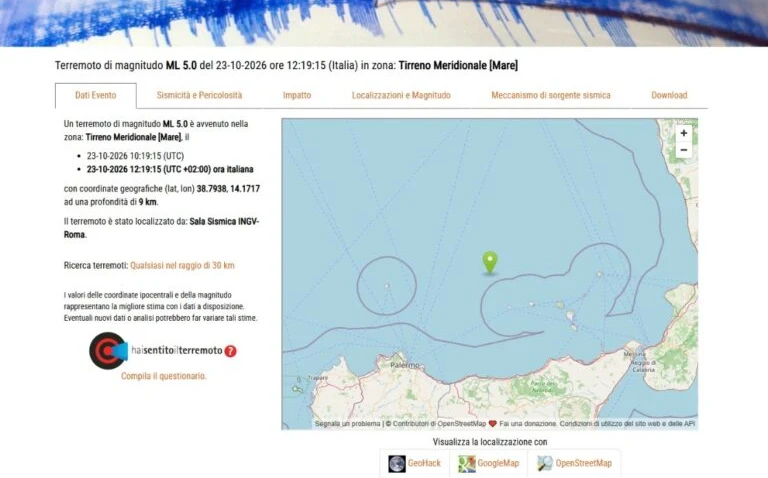 Nuova fortissima scossa di terremoto avvertita in tutta la provincia di Messina: magnitudo 5, durata diversi secondi