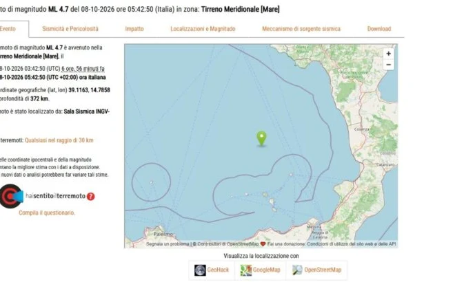 Terremoto di magnitudo 4.7 registrato al largo delle Isole Eolie