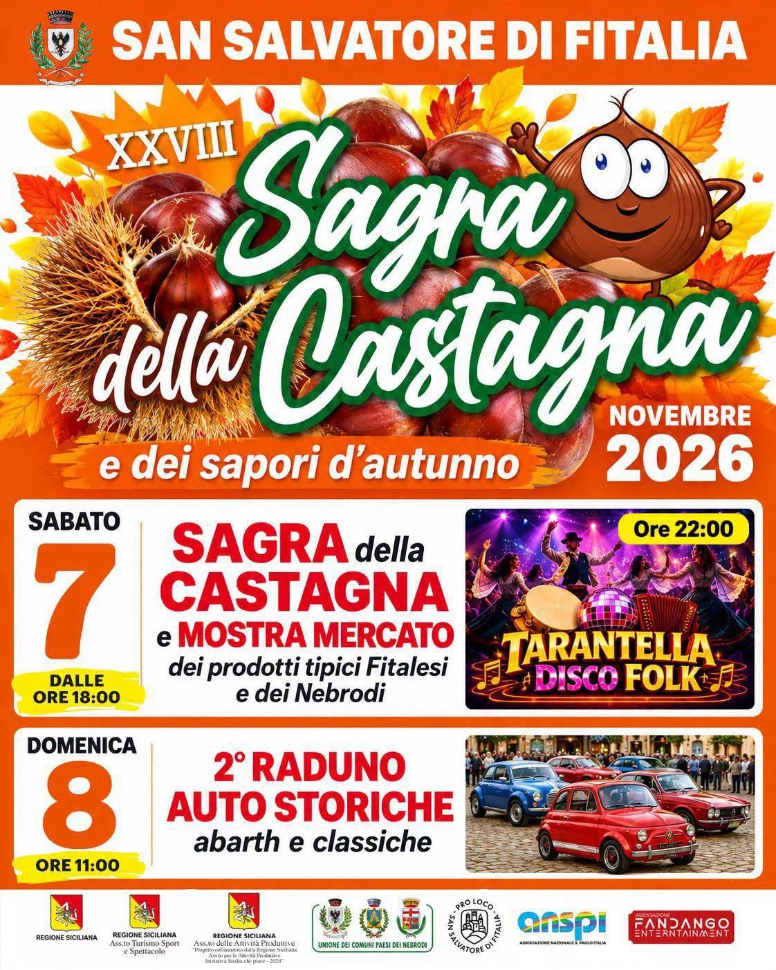 Locandina della XXVIII Sagra della Castagna e dei Sapori d’Autunno a San Salvatore di Fitalia: 7 novembre 2026, dalle 18:00; raduno auto storiche l’8 novembre alle 11:00.
