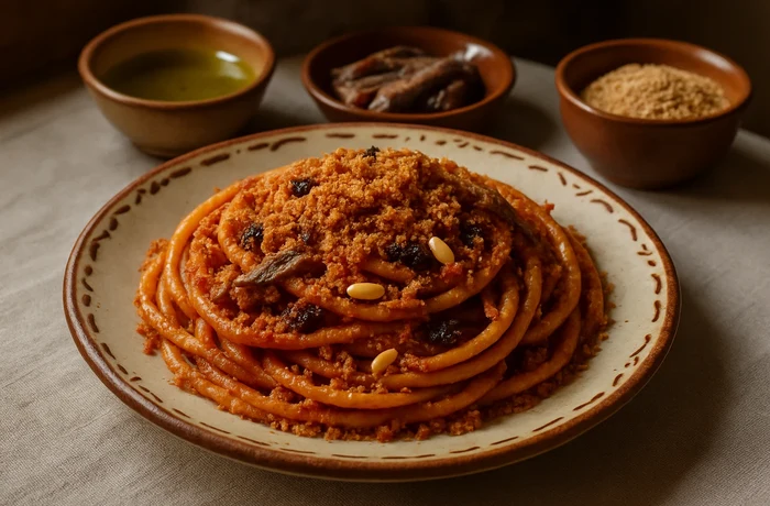 Pasta c’anciova e muddica atturrata